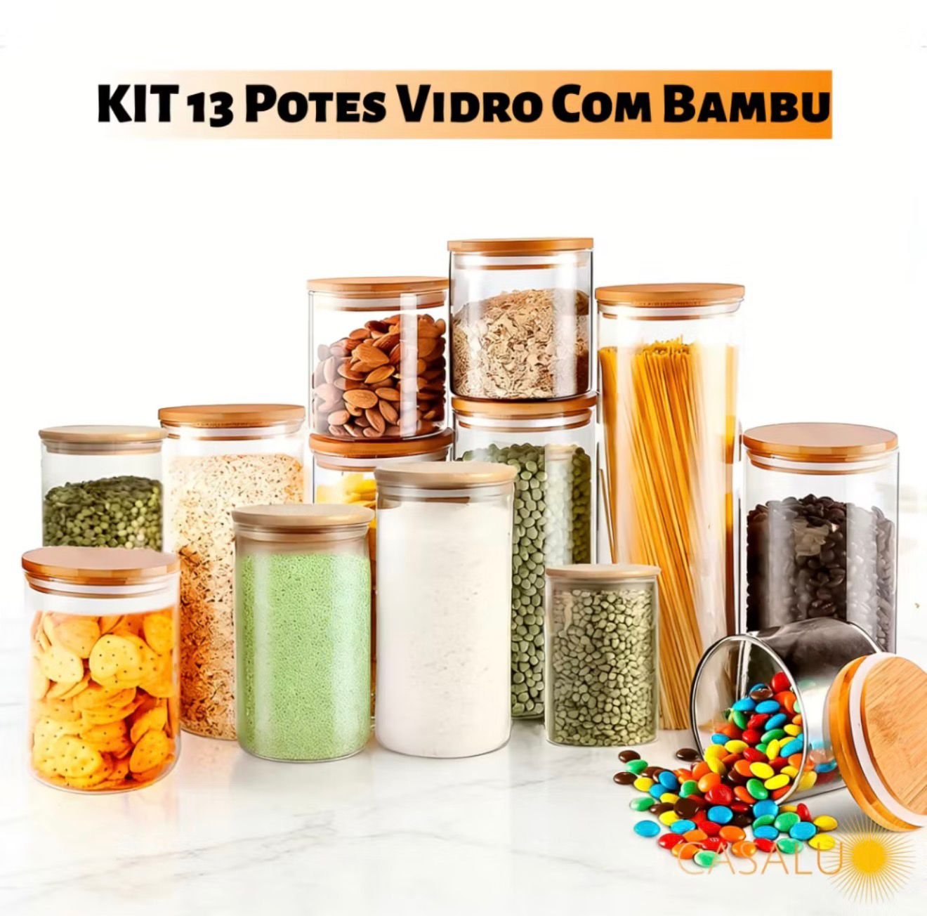 Kit 13 potes de vidro com tampa de bambu